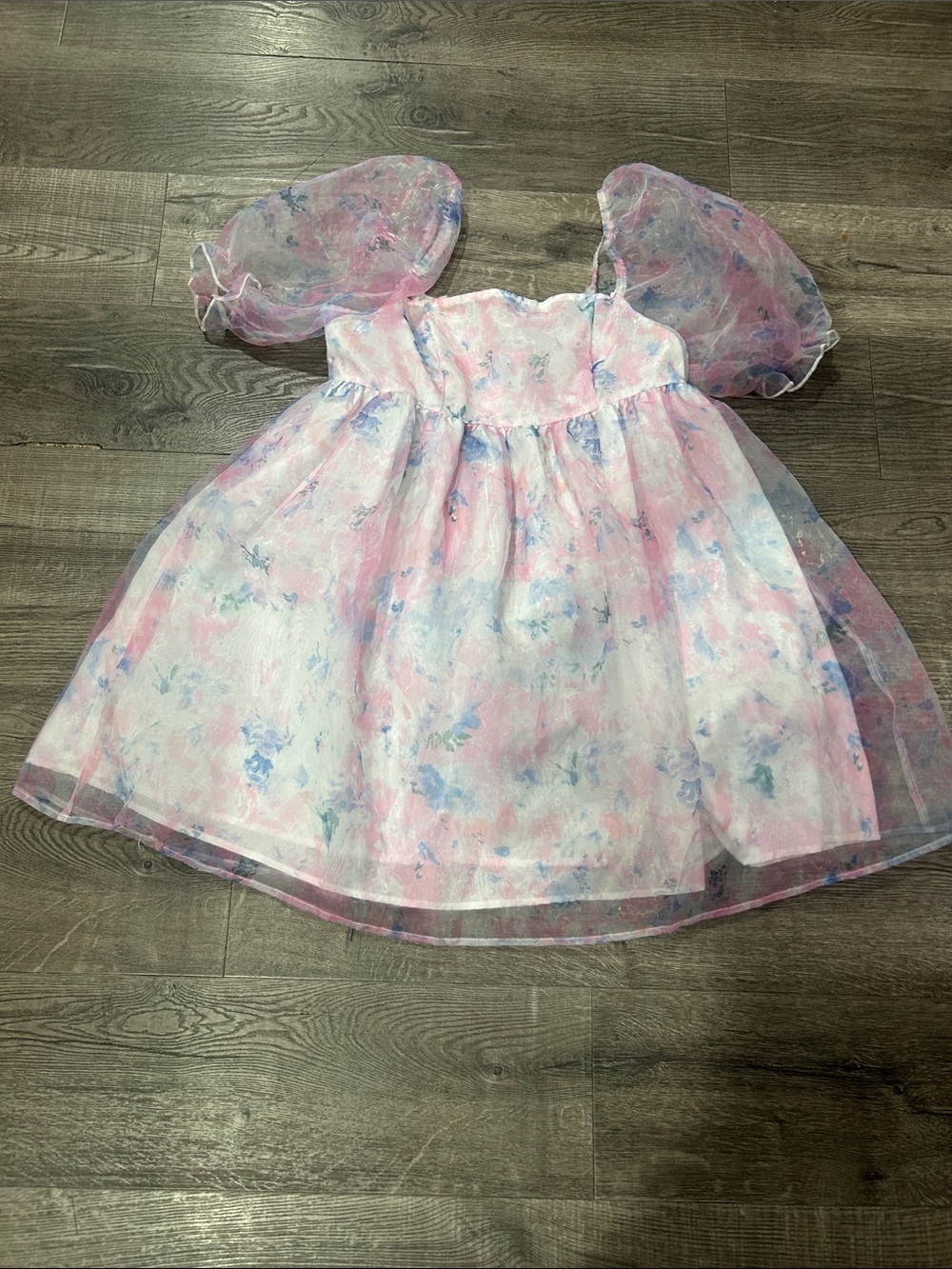Croquet Pastel Pink & Blue Floral Organza Puff-Sleeve Dress